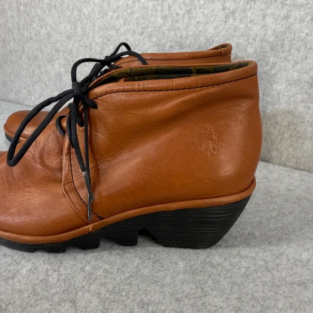 Fly London Women's 38 / 7 - 7.5 Ankle Boots Pert Cognac Brown Leather Wedge
